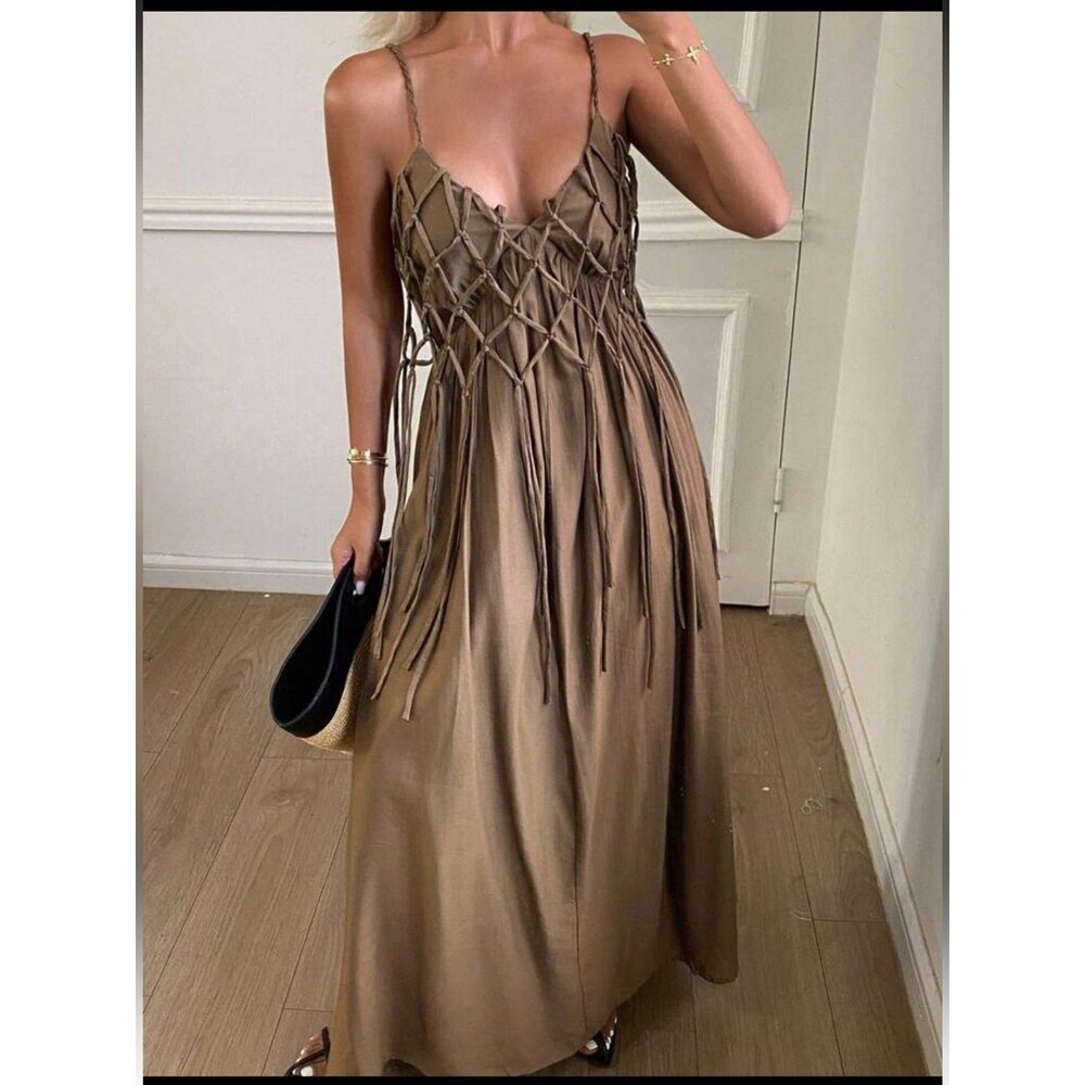 Dazy Macramé Tassel Bodice Solid Brown Maxi Dress Size Medium